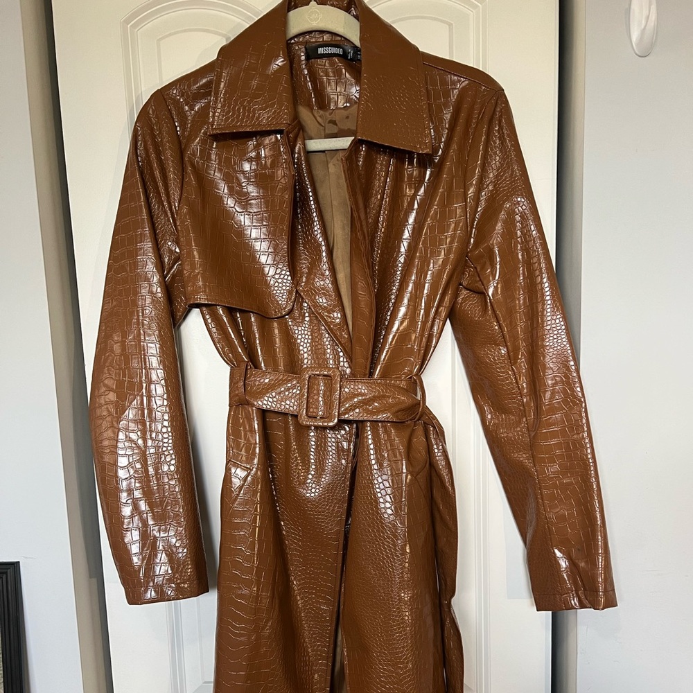 Cognac Faux Leather Crocodile Trench Coat